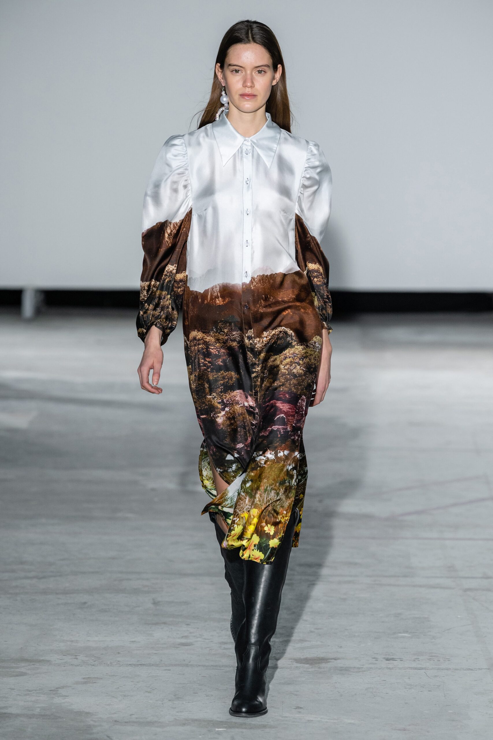 printed midi dress with black boots