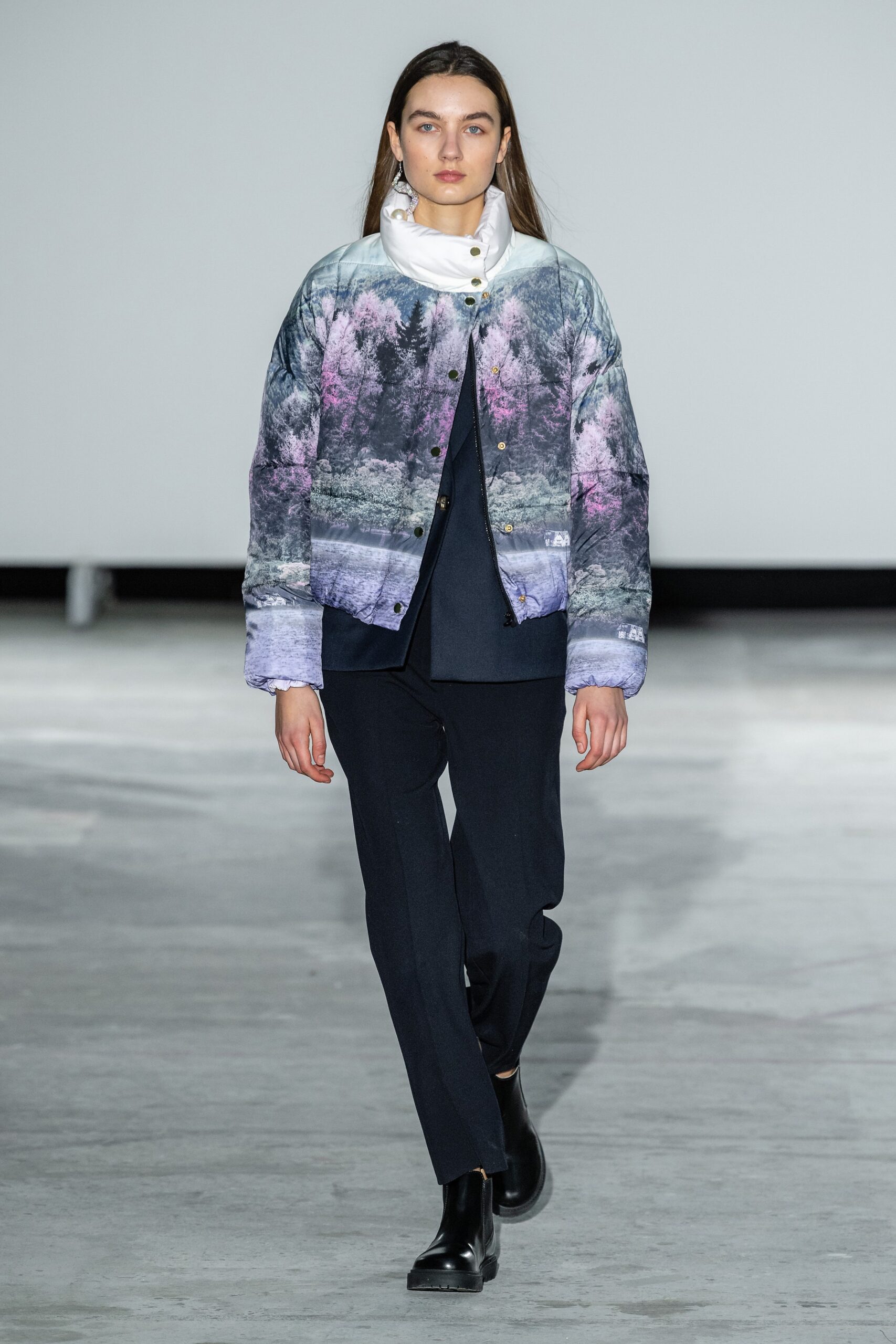 purple printed relaxed jacket with black pants