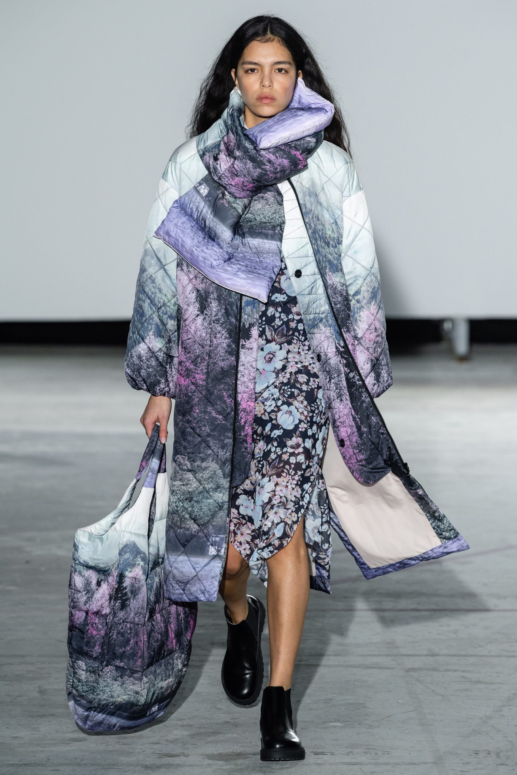 purple quilted coat with floral dress