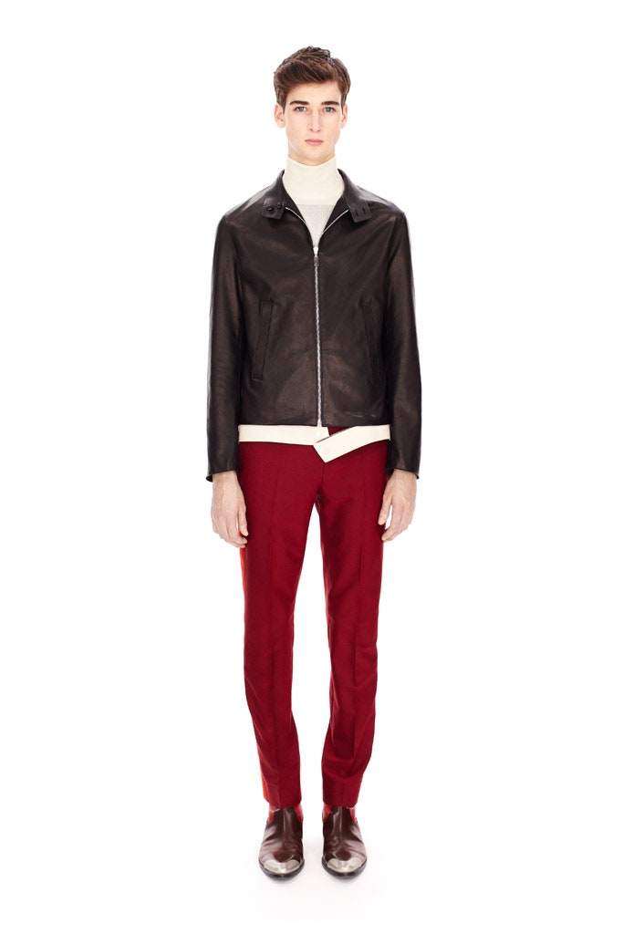red wool tailored straight-leg pants