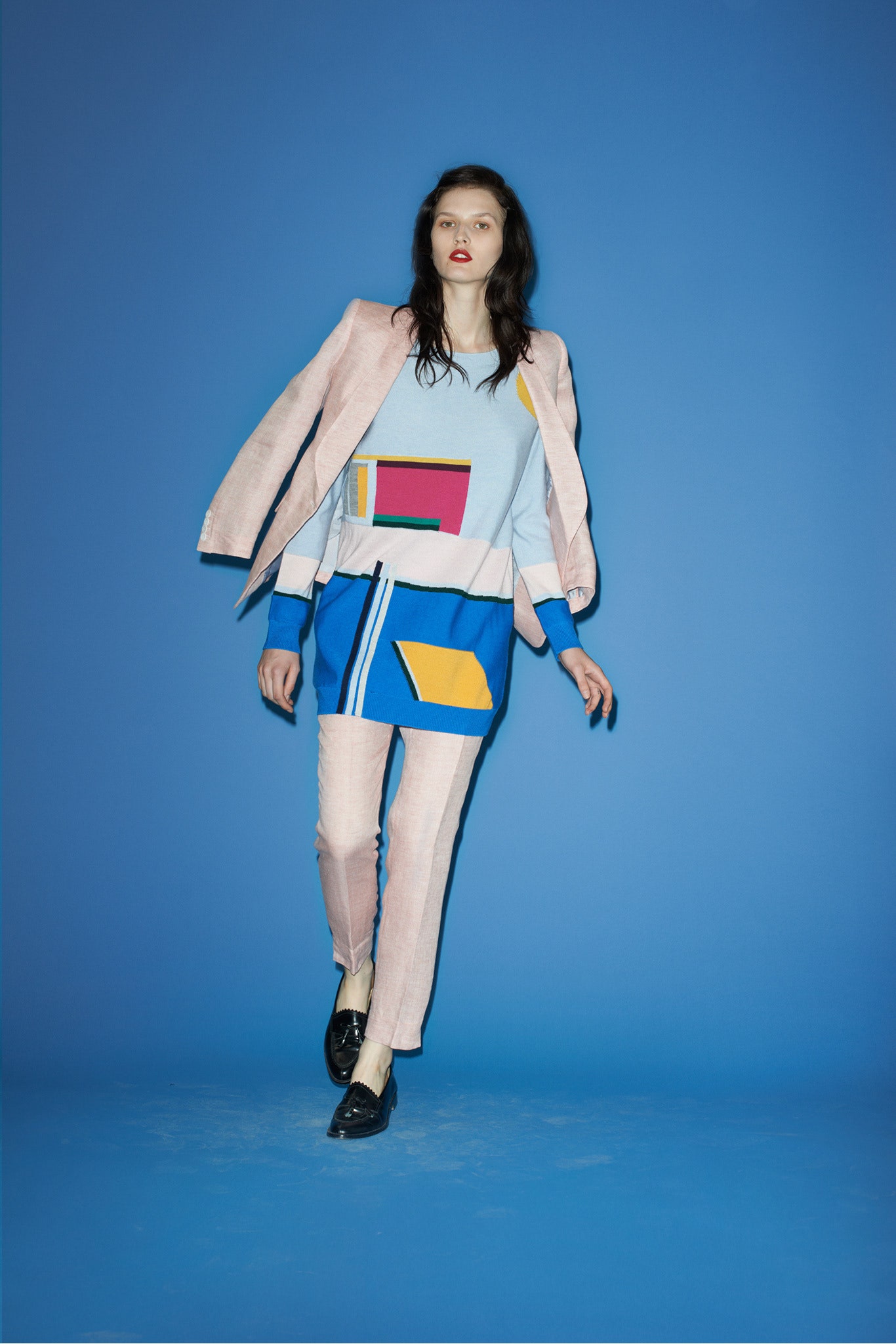 pink tailored blazer with color-blocked top