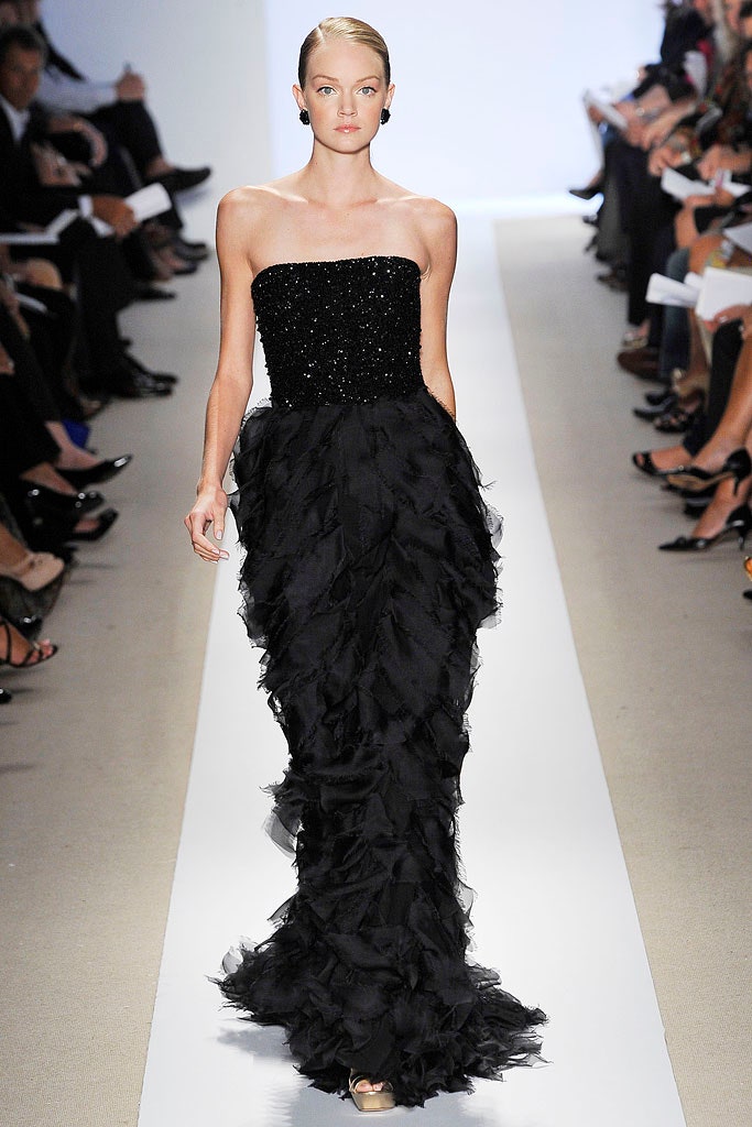 black strapless ruffled gown