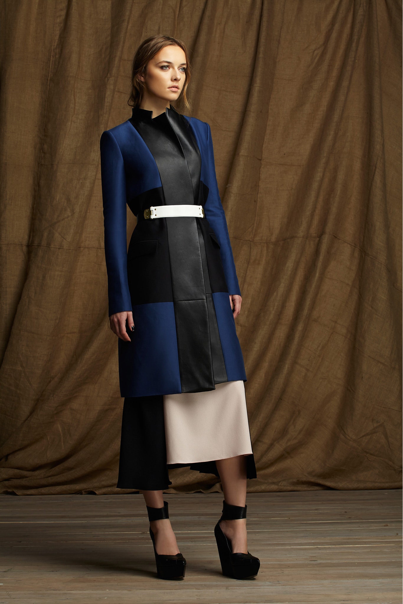 blue and black fitted coat