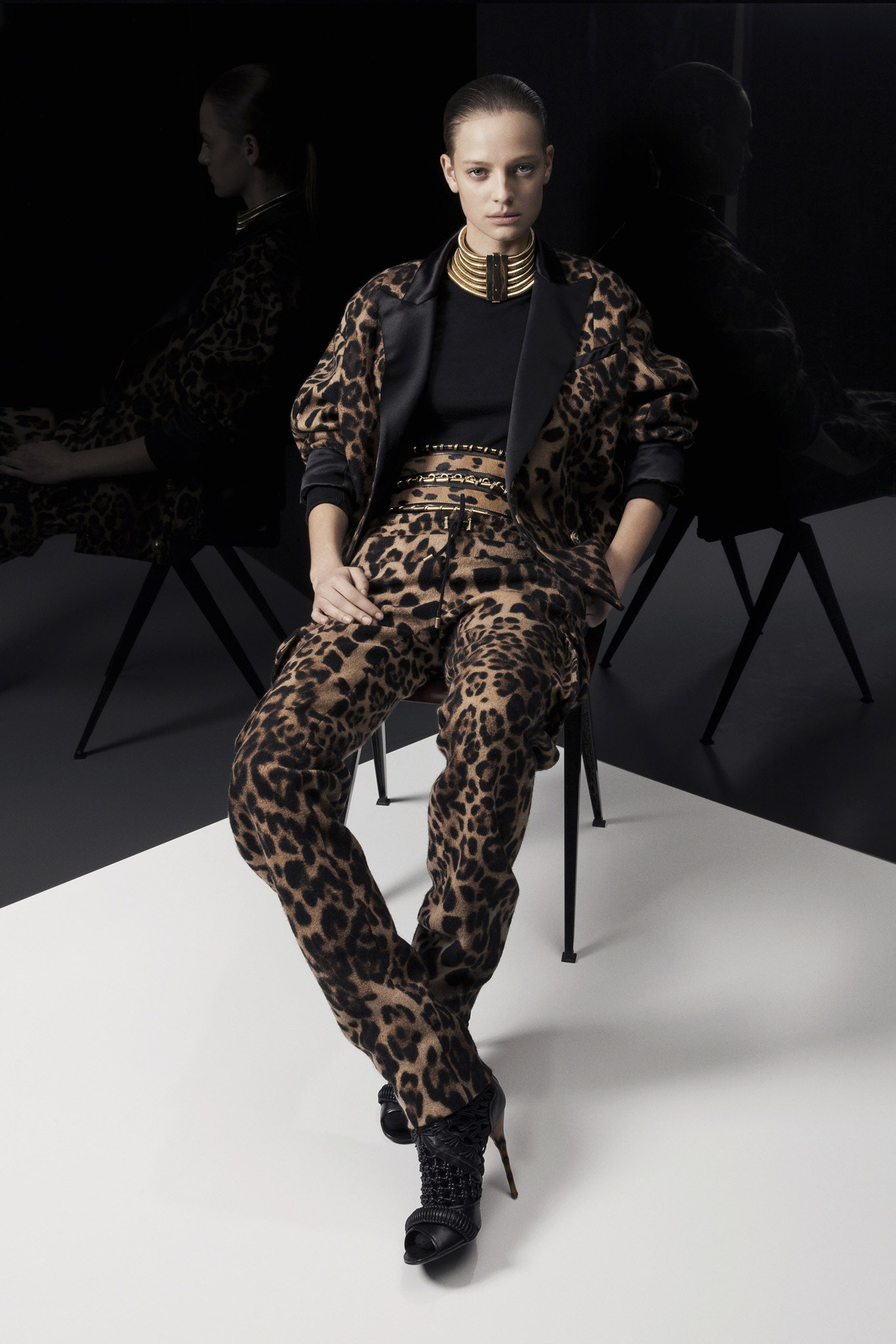 black silk blazer and printed pants