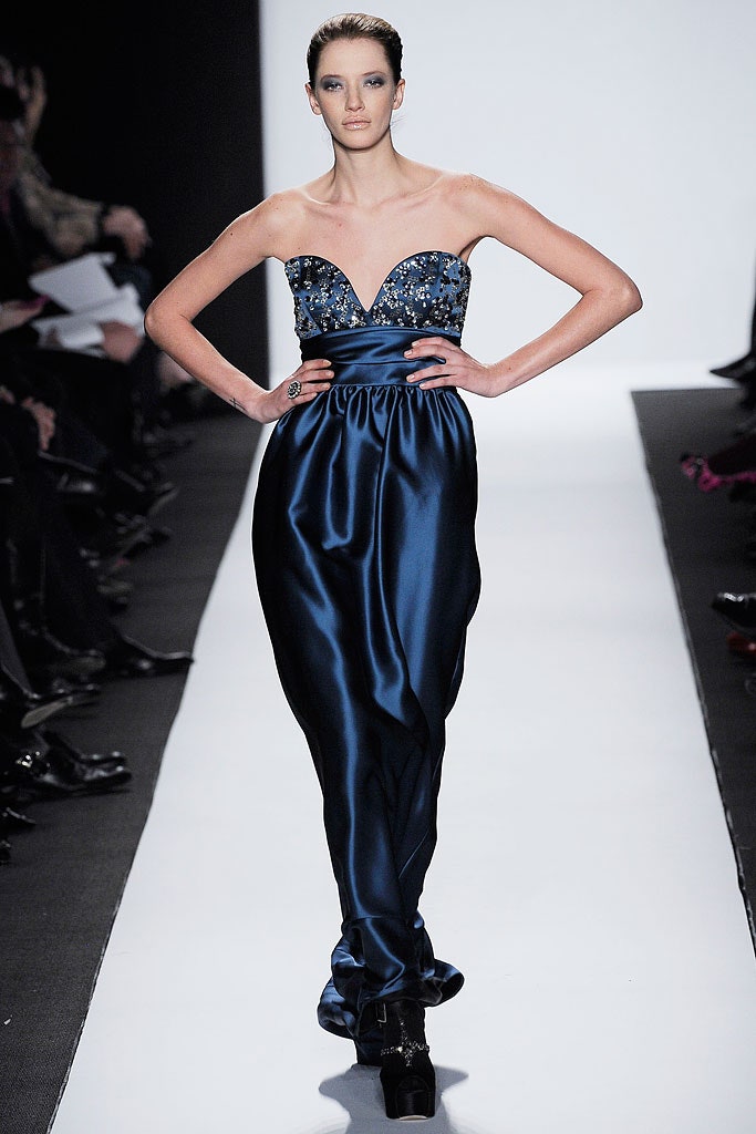 blue silk strapless gown