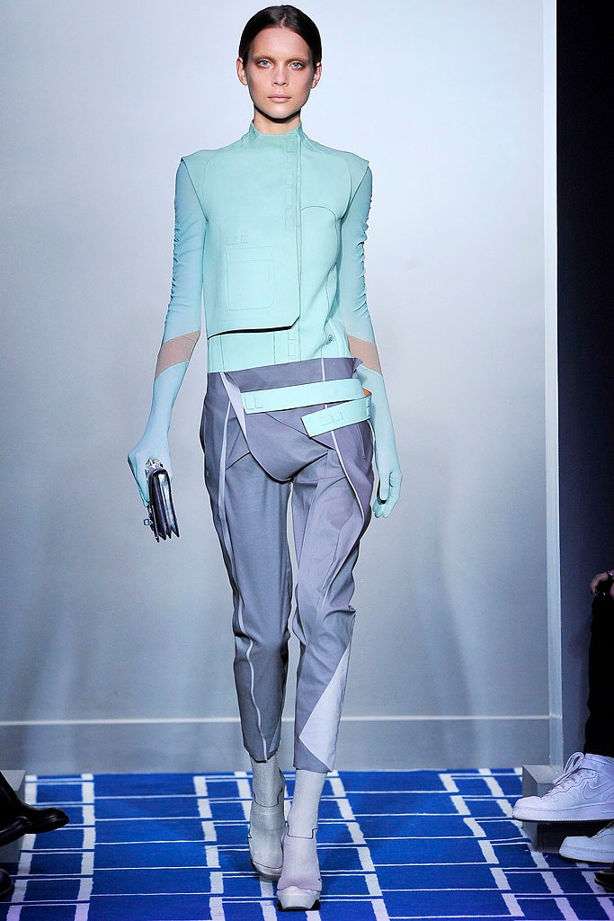 blue neoprene long-sleeve high-neck fitted zippered top