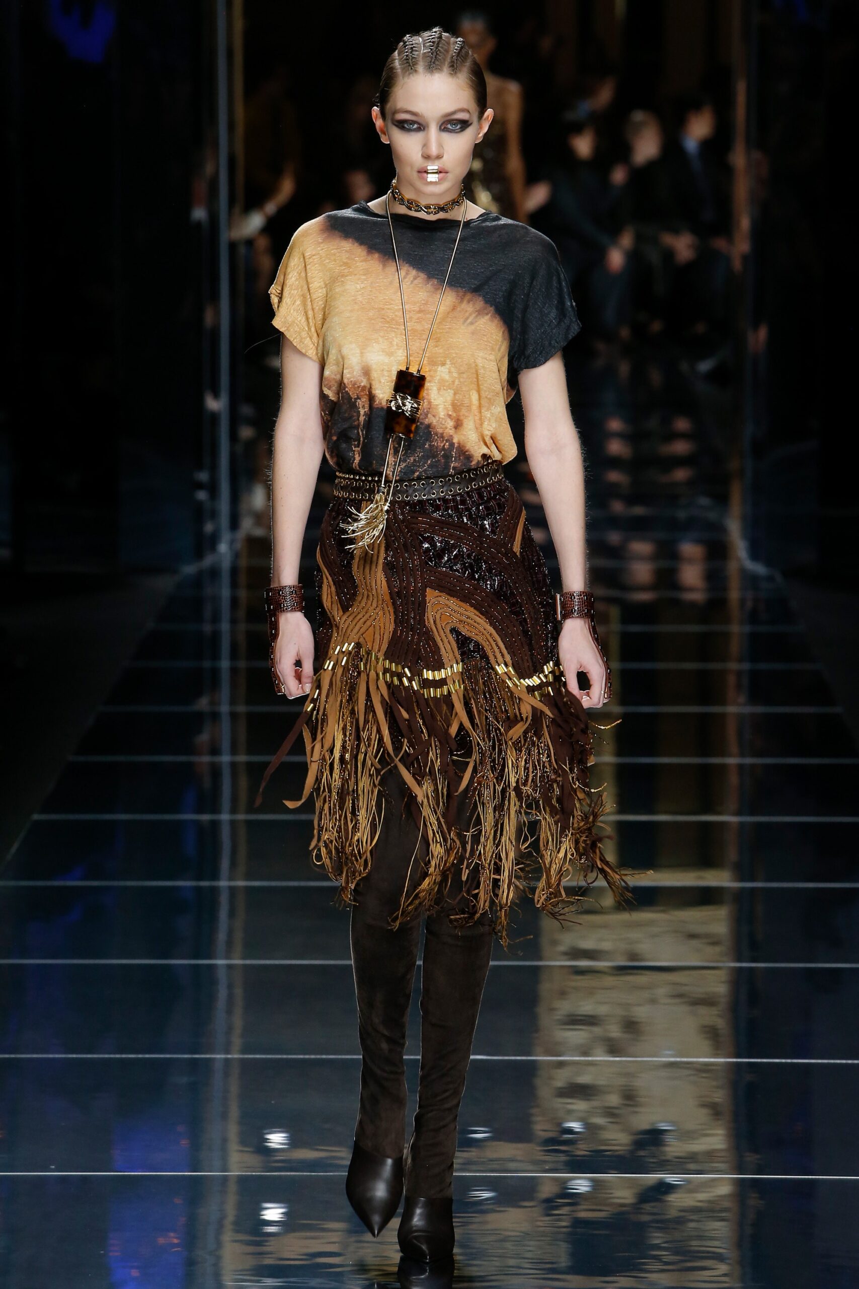 fitted black brown printed top with fringed skirt