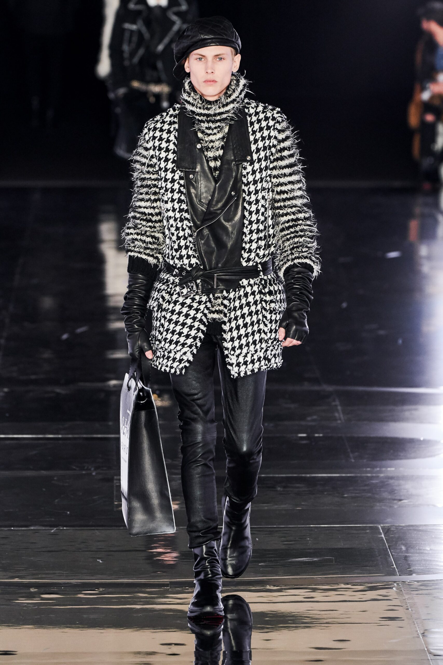 black and white checked coat with leather vest