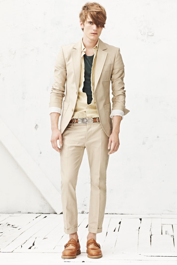 beige tailored suit with brown shoes