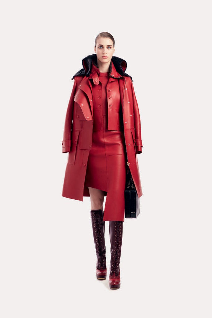 red leather long-sleeve collared structured buttoned coat