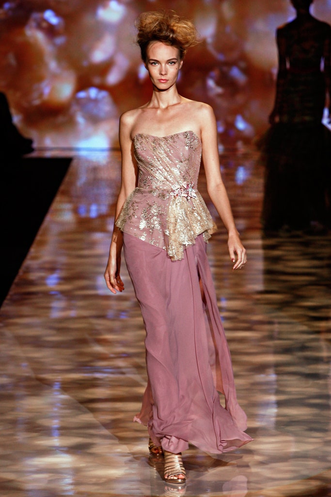 pink silk strapless gown