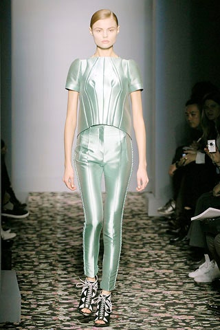 green vinyl short-sleeve high-neck fitted structured shiny top