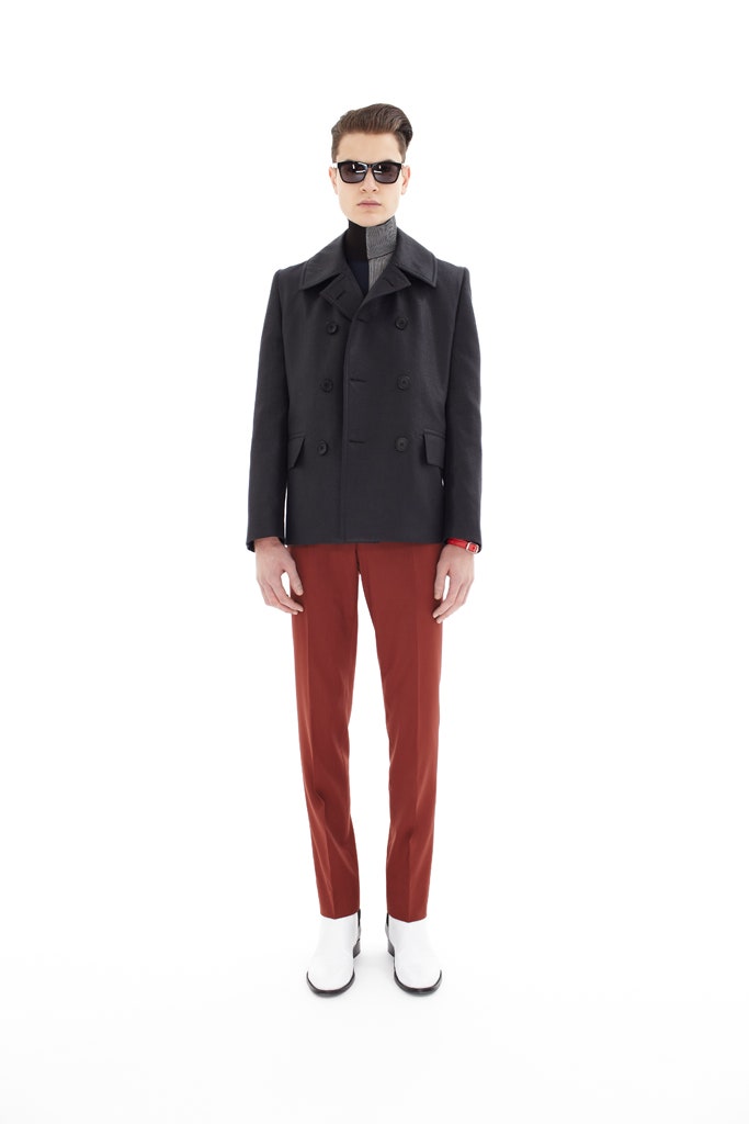 black wool jacket with red pants