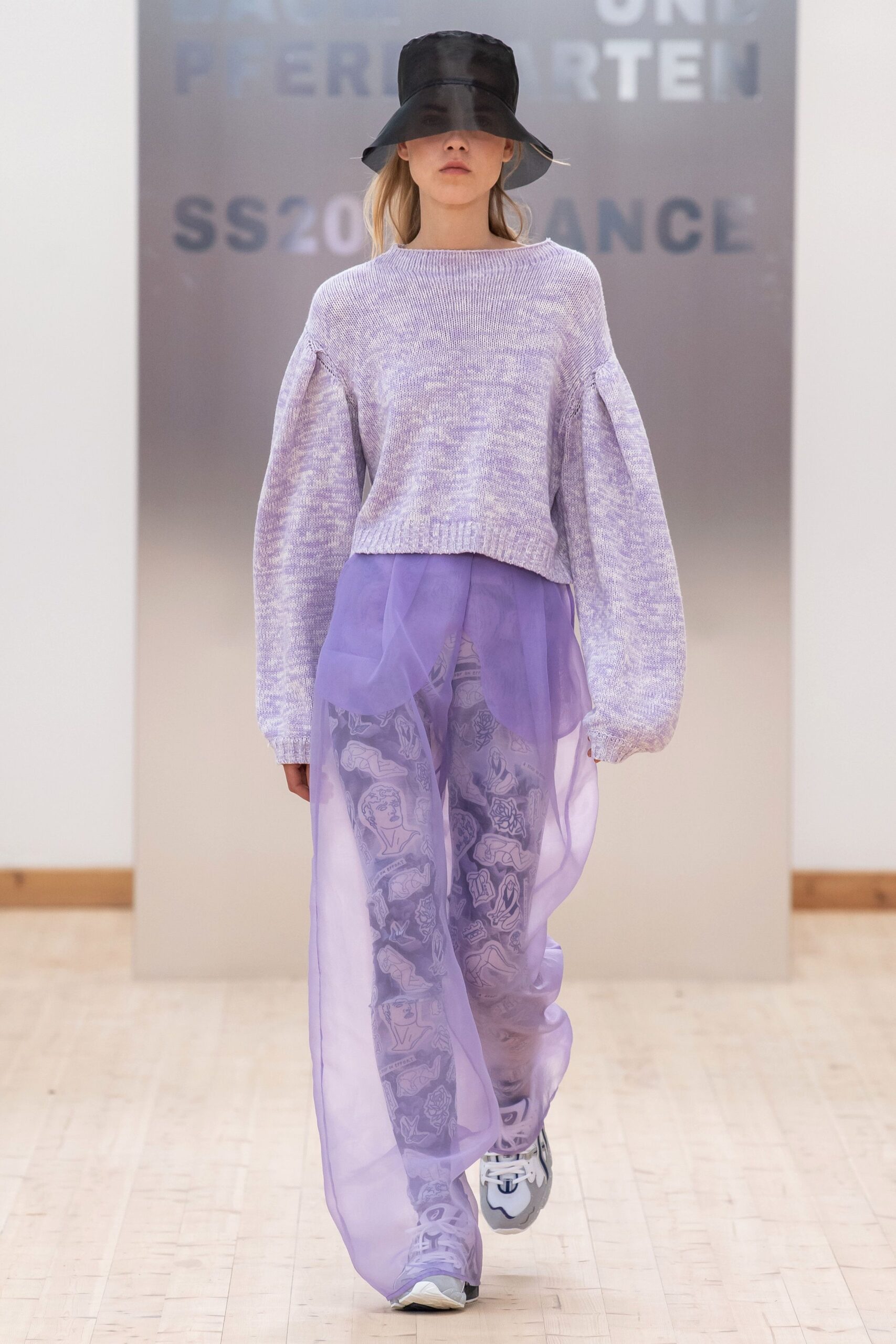 purple relaxed sweater with sheer pants
