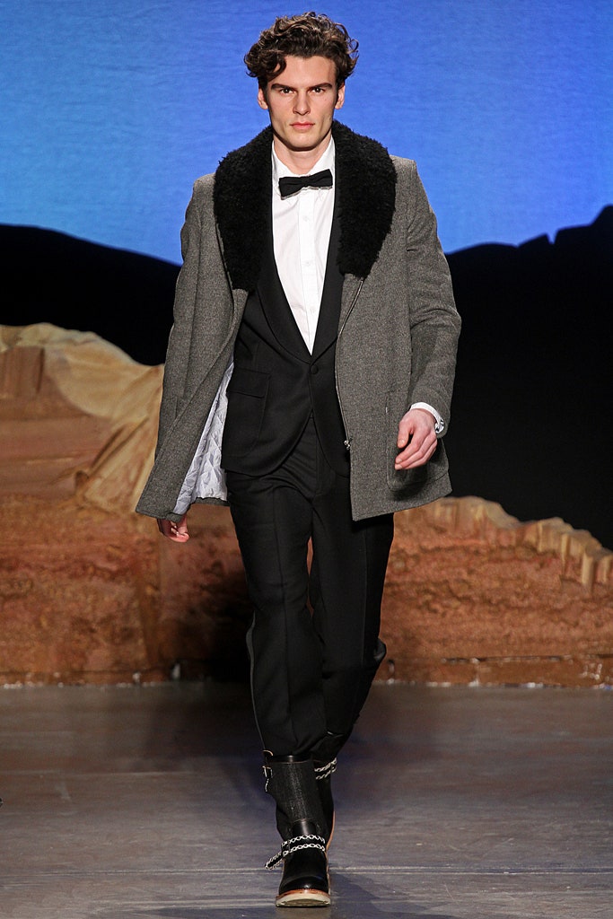 gray wool coat and black suit