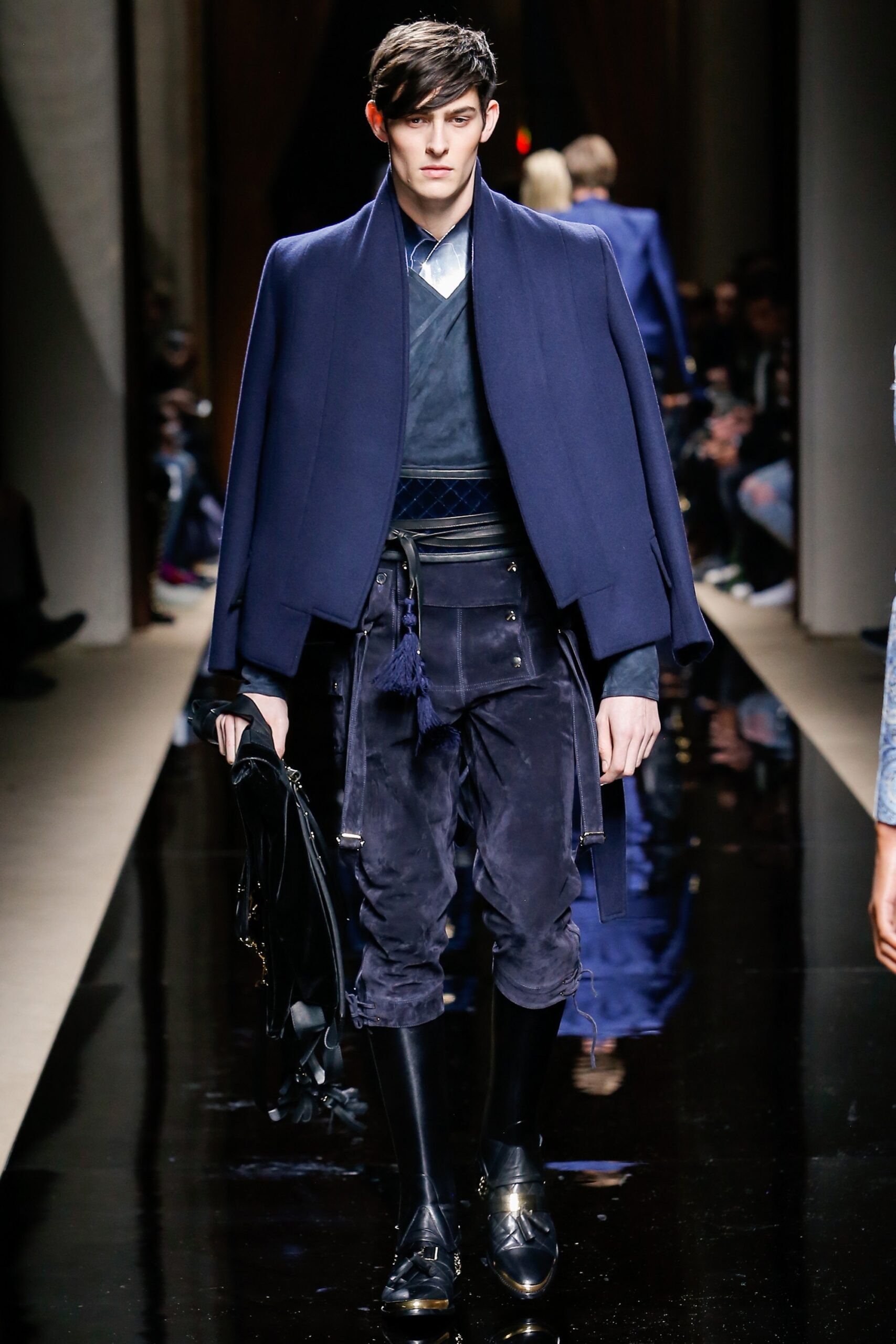 blue wool cape with black pants