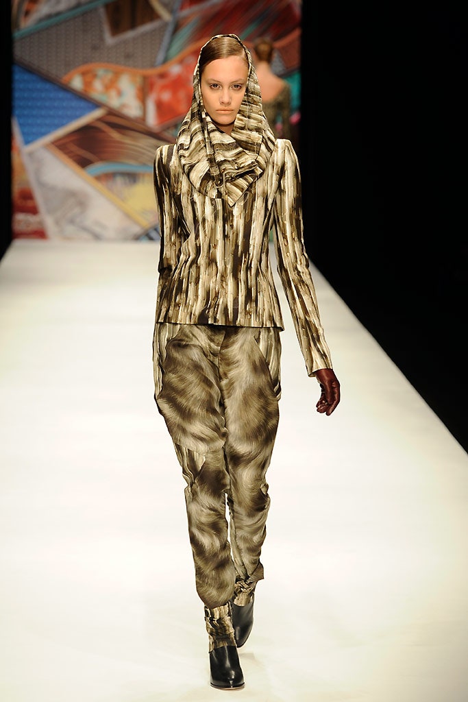 fitted brown silk top and pants