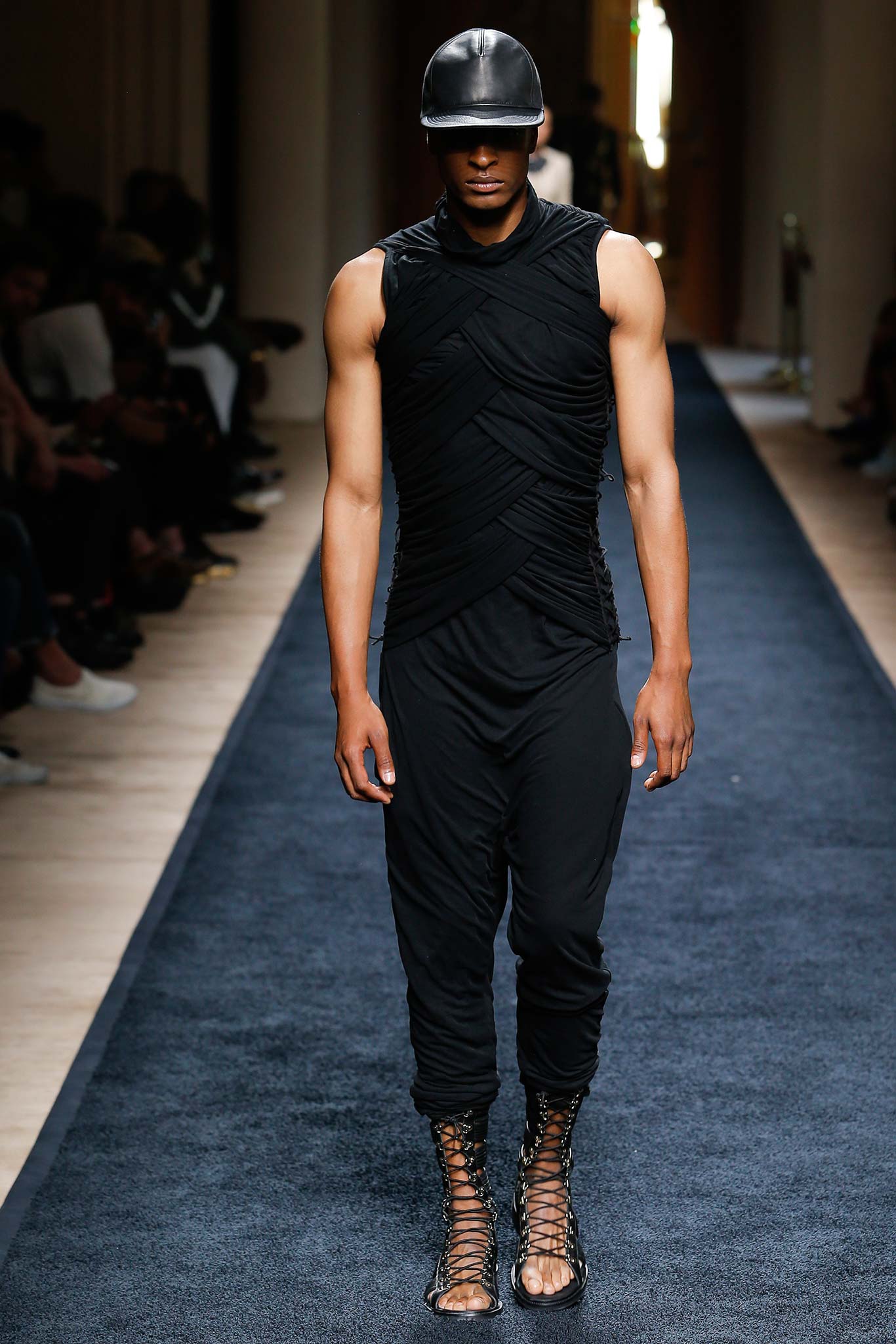 black fitted jumpsuit with hat