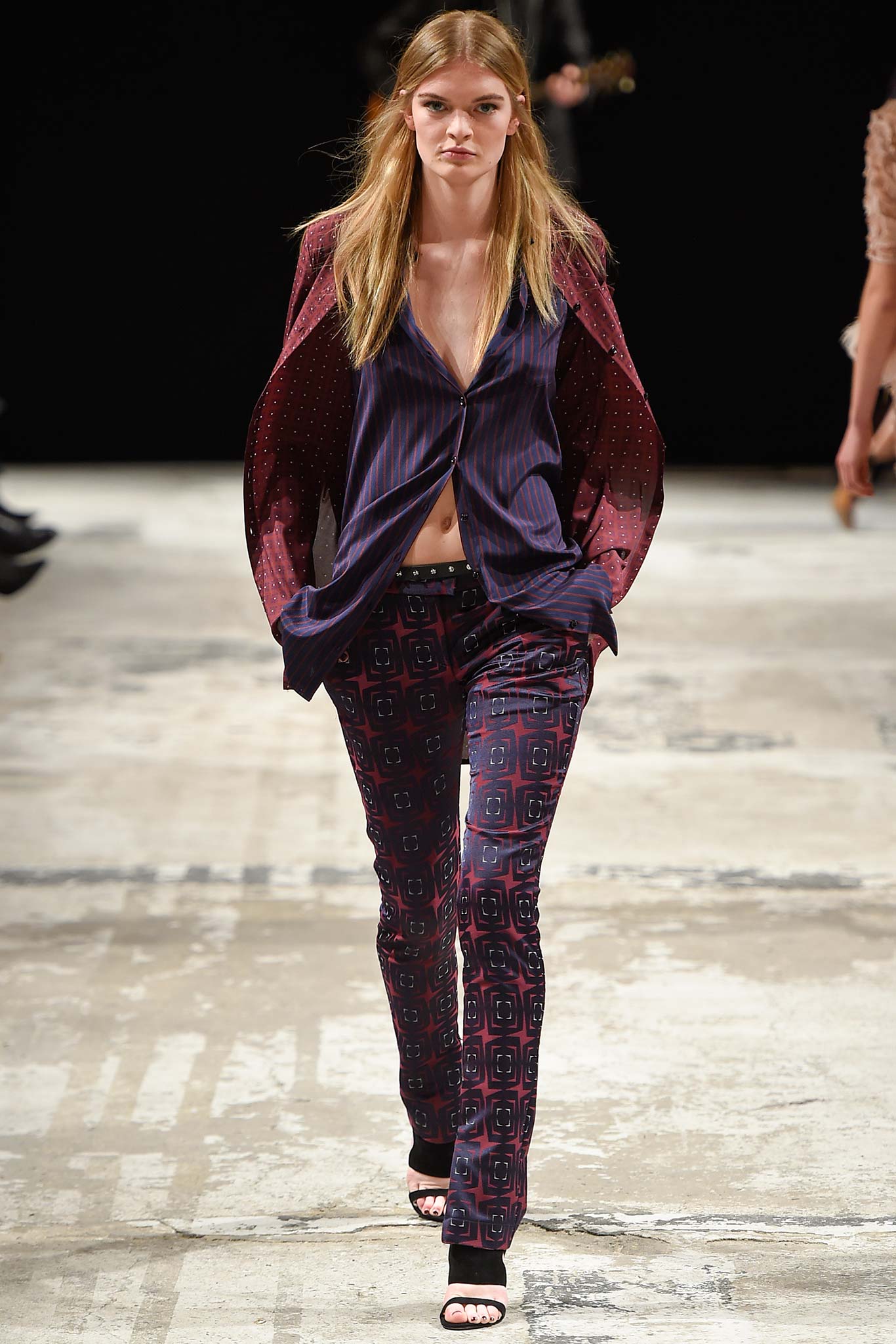 purple silk tailored blazer with printed pants