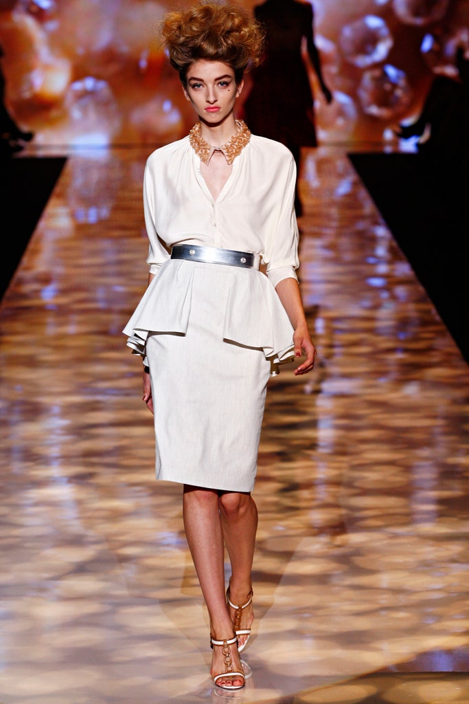 white silk blouse and beige pencil skirt