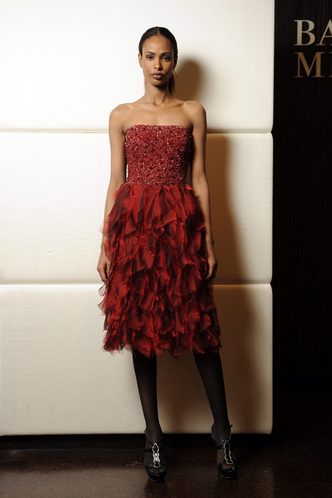 red strapless ruffled dress