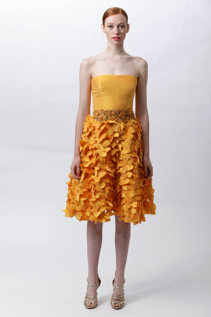 yellow ruffled strapless dress