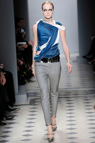 blue silk draped top with tailored pants
