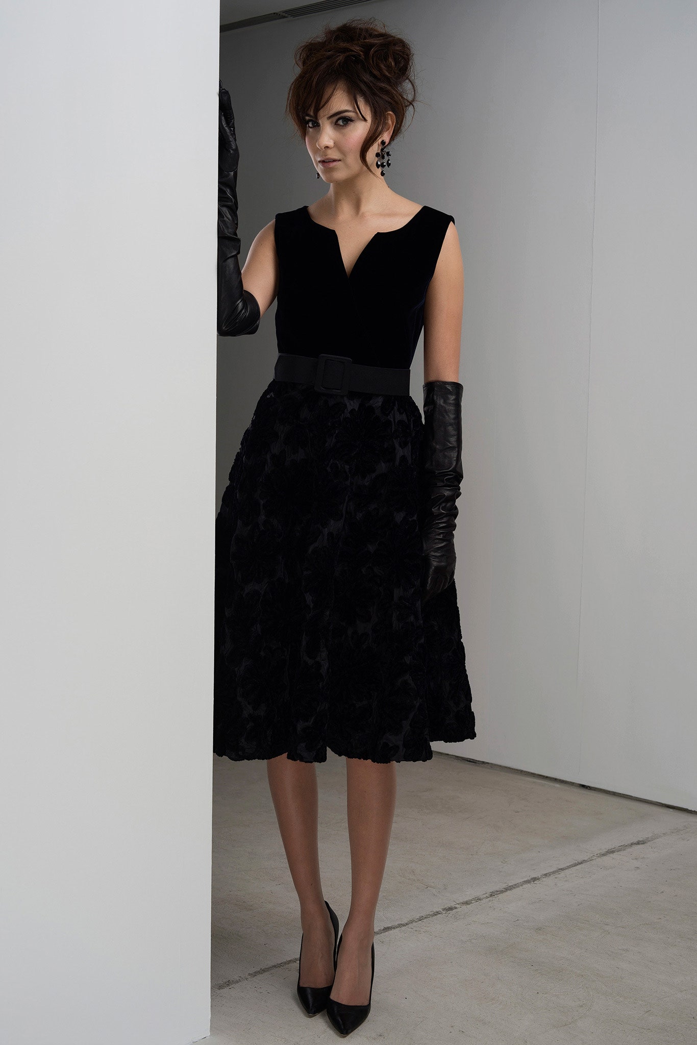 black velvet midi dress with gloves