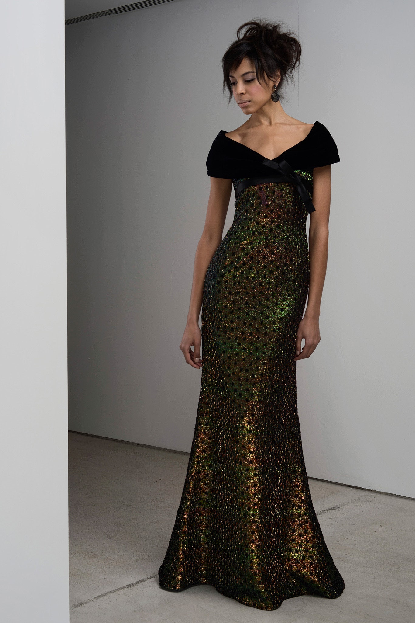 black and green off-shoulder gown
