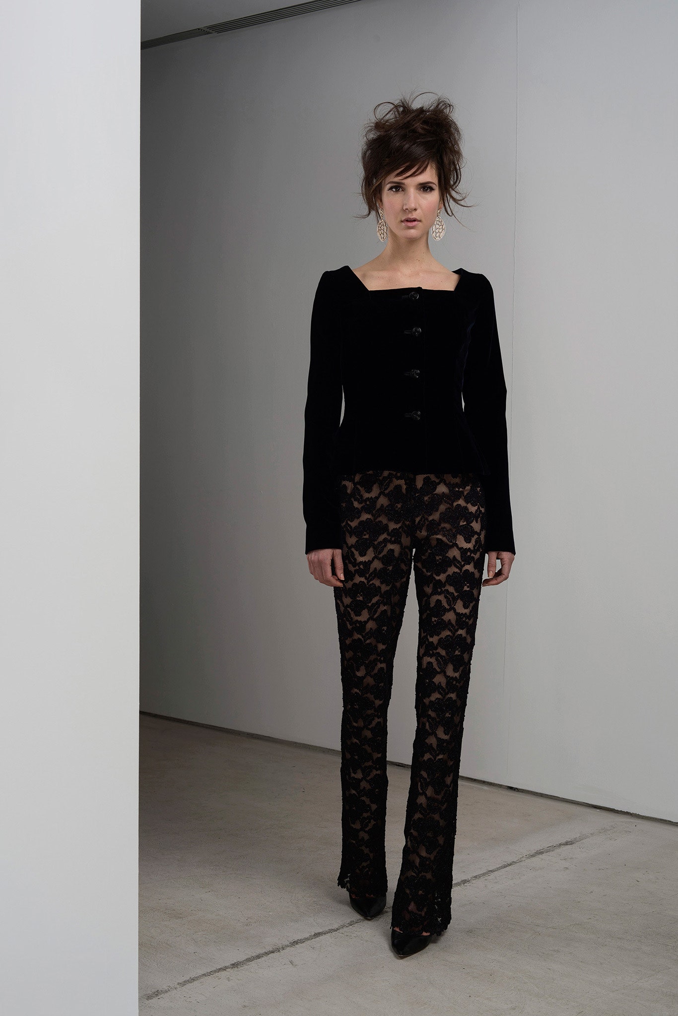 black velvet top and lace pants