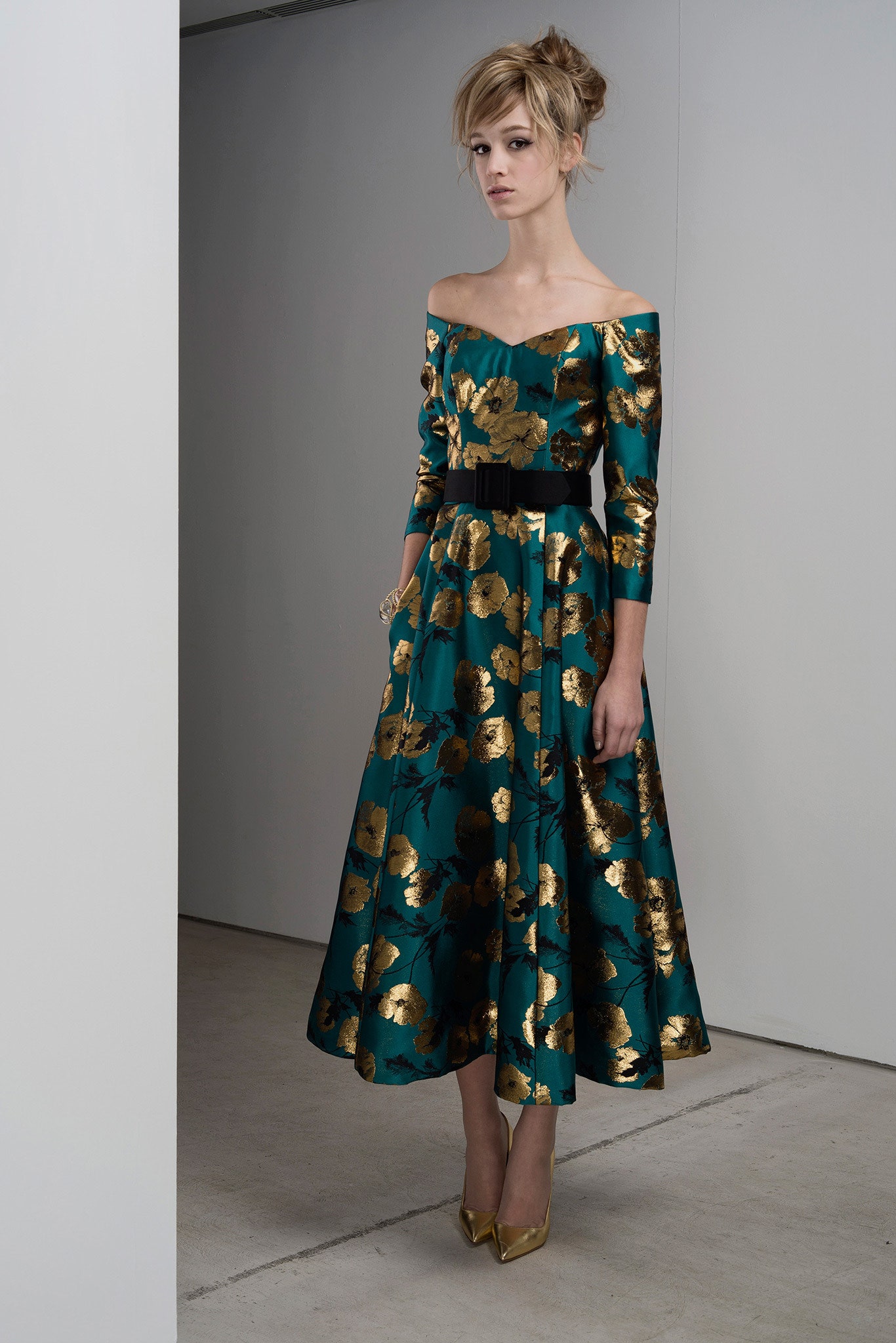 teal and gold printed midi dress