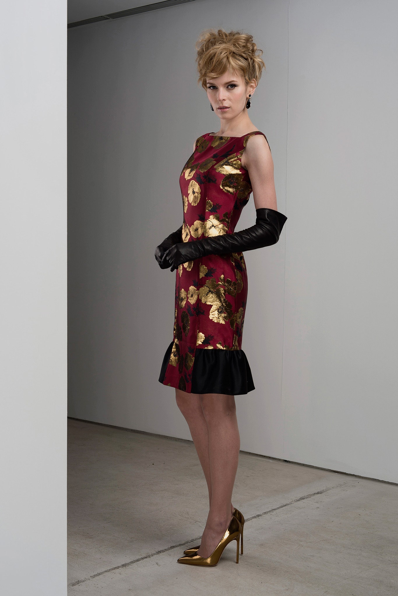 red silk sleeveless high-neck fitted flared mini dress