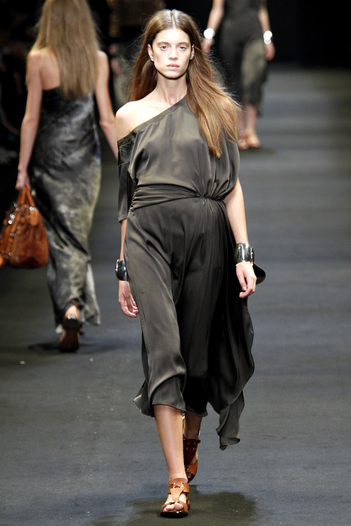 gray silk off-shoulder dress