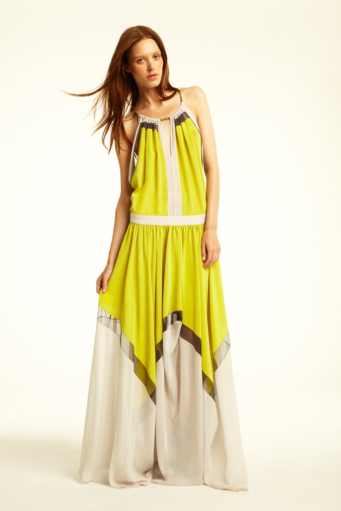 yellow silk halterneck asymmetric dress