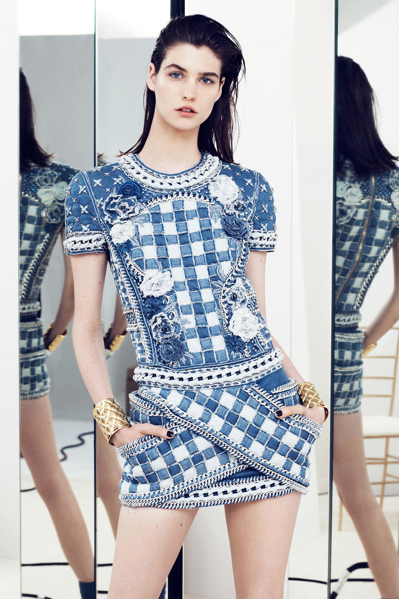 fitted blue denim mini dress