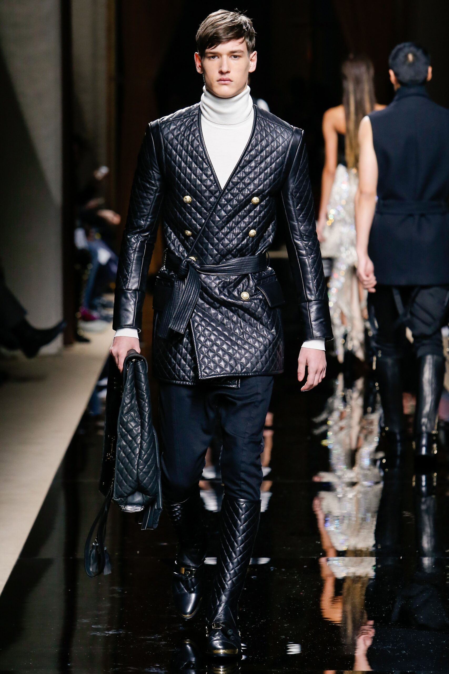 black leather quilted coat