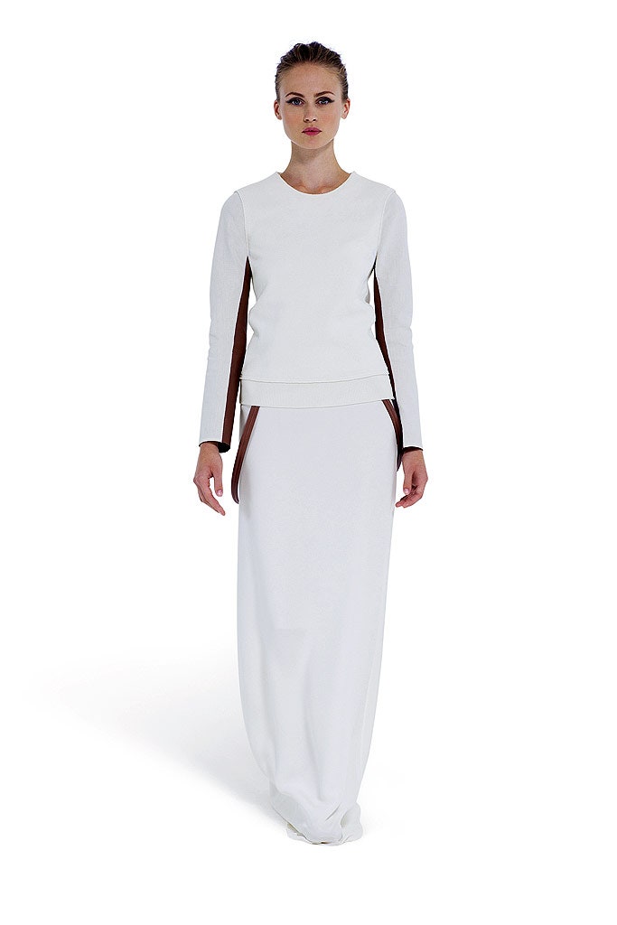 white fitted top and maxi skirt