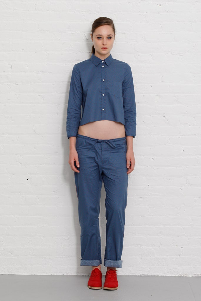 blue cropped shirt with relaxed pants