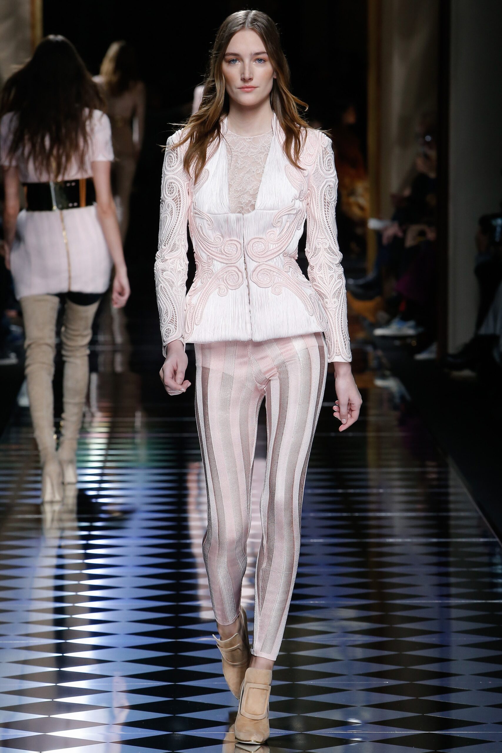 pink lace fitted blazer and striped pants