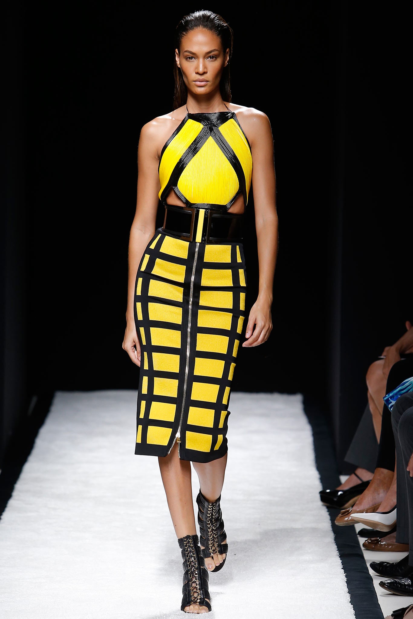 fitted yellow and black midi dress