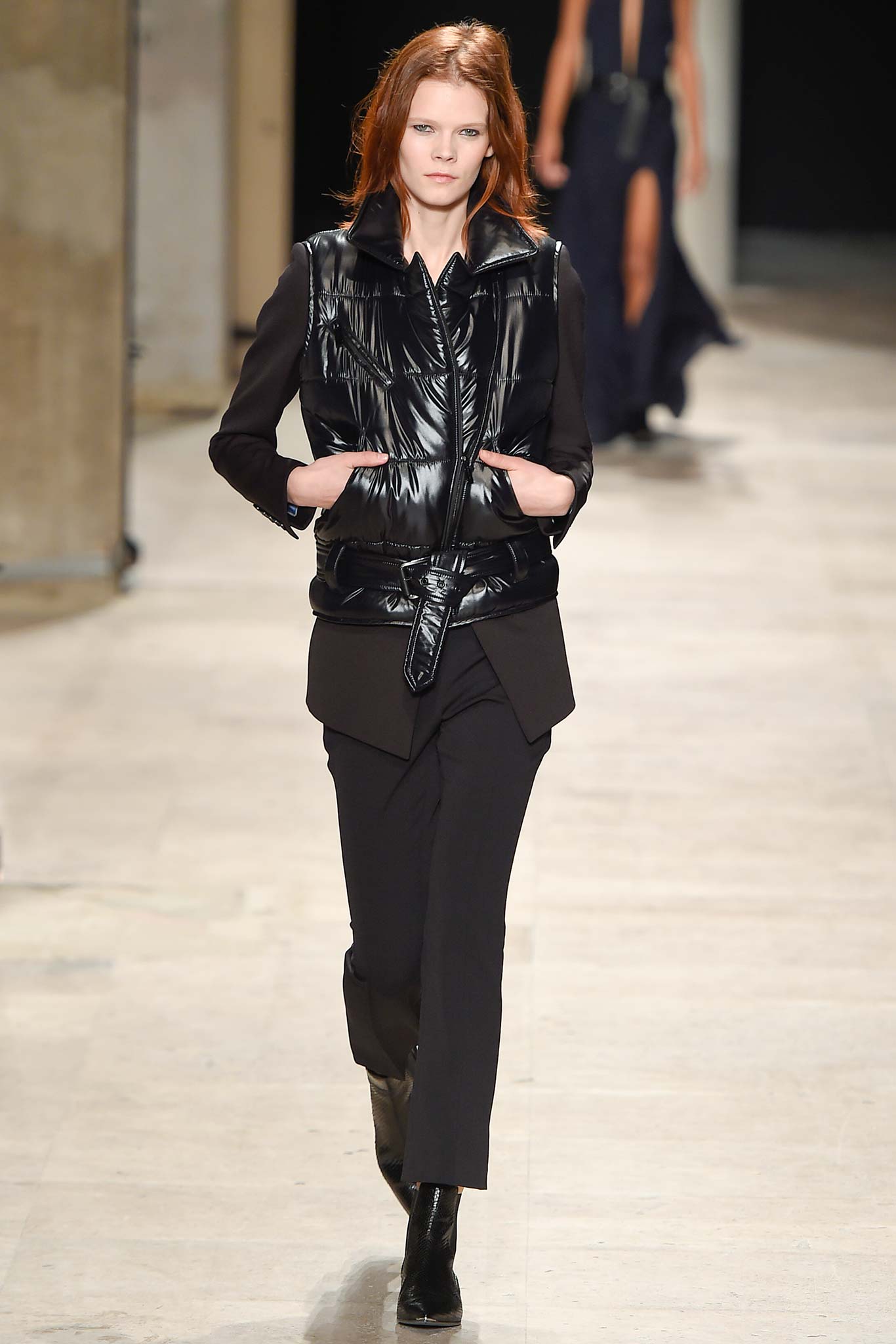 black vinyl vest with tailored pants