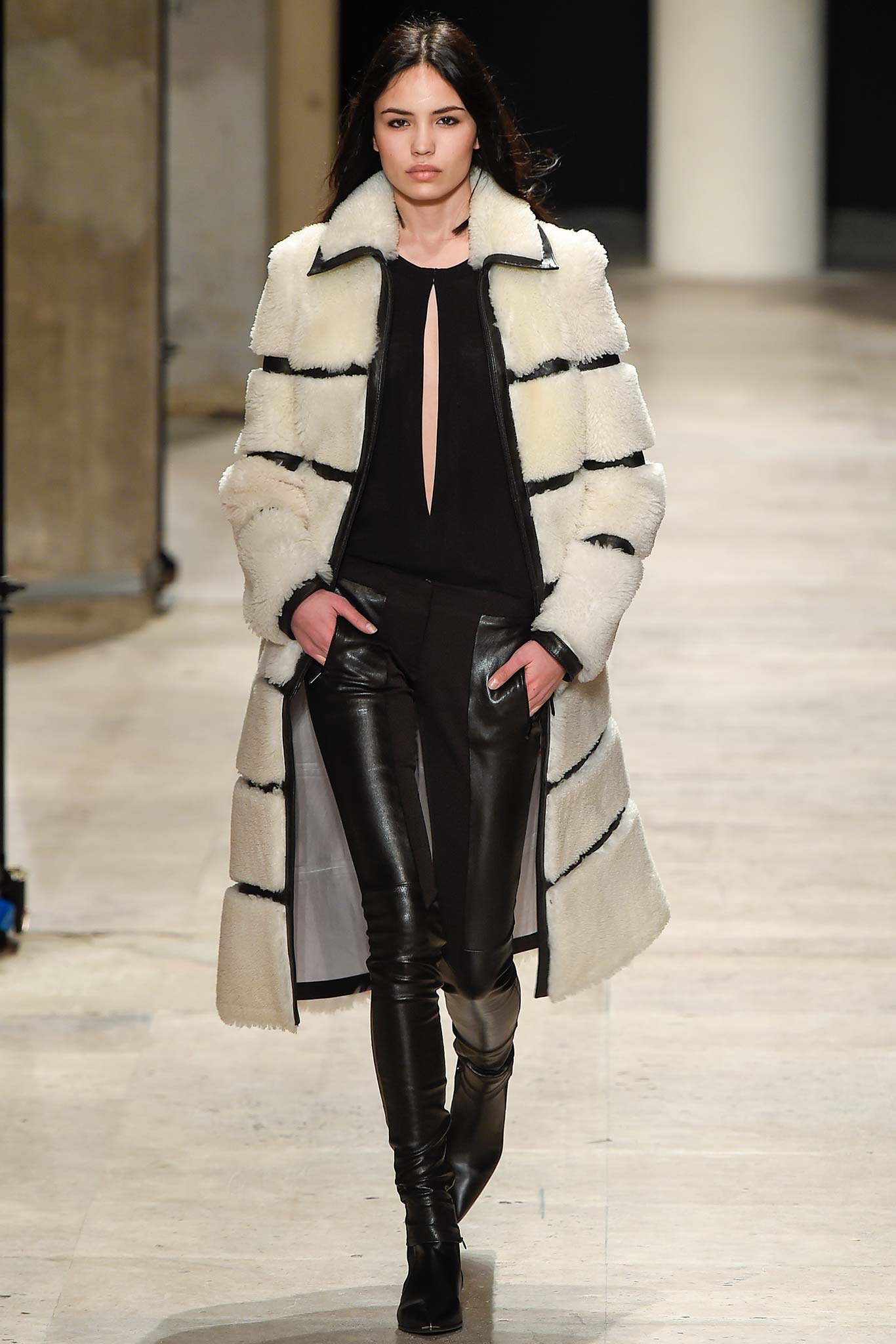 white fur coat with black top