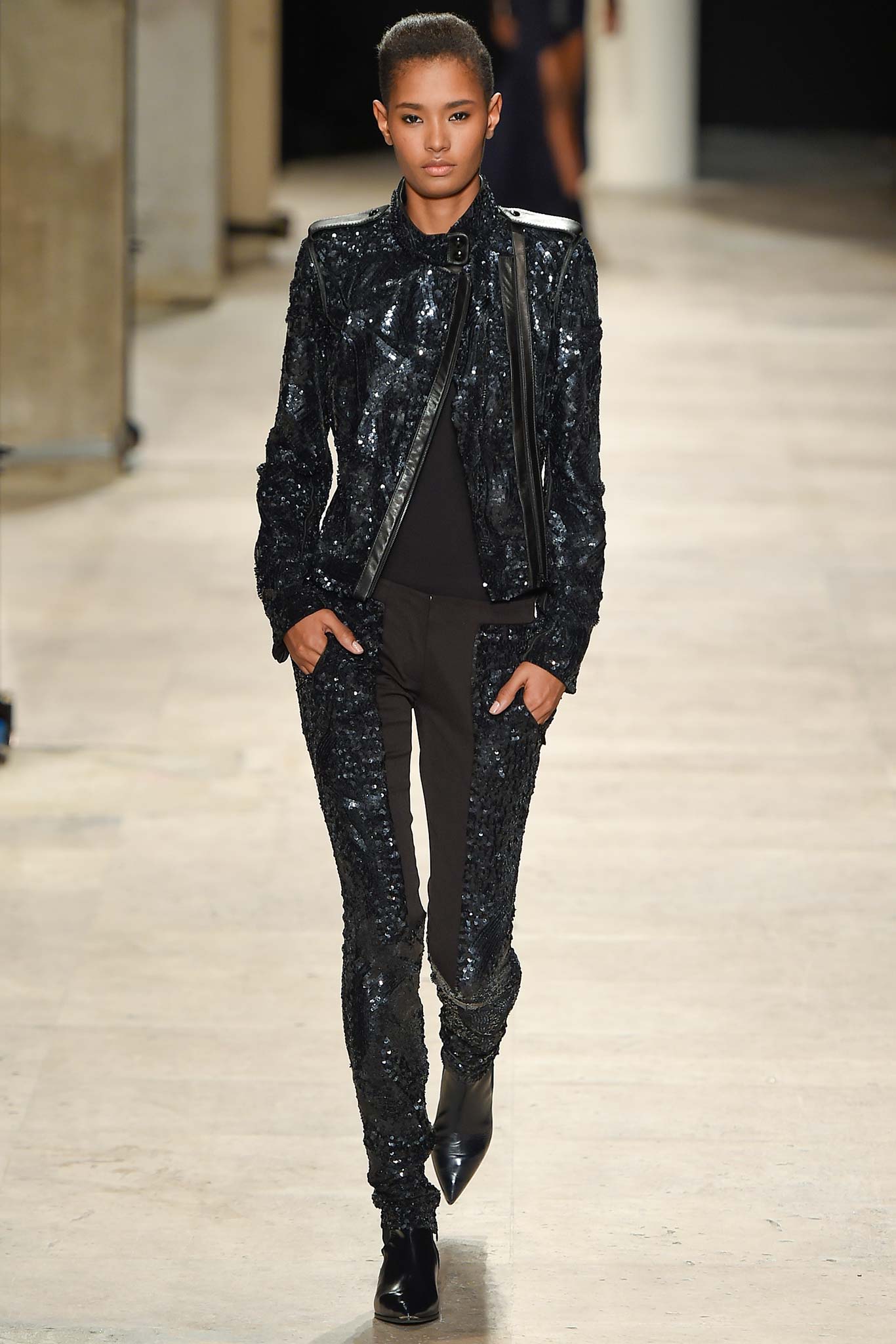 black sequin long-sleeve collared fitted zippered shiny jacket