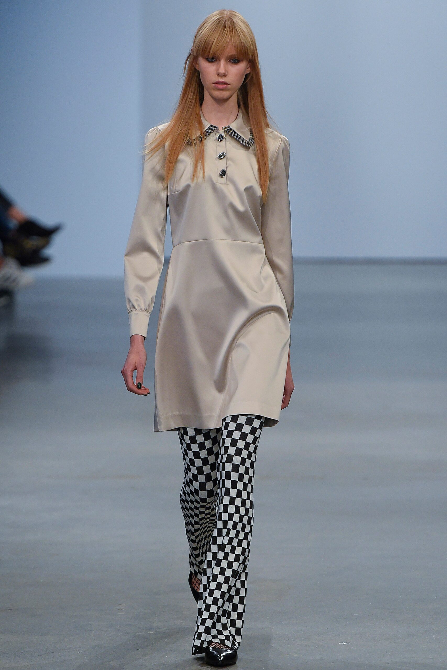 beige silk long-sleeve collared fitted buttoned short dress