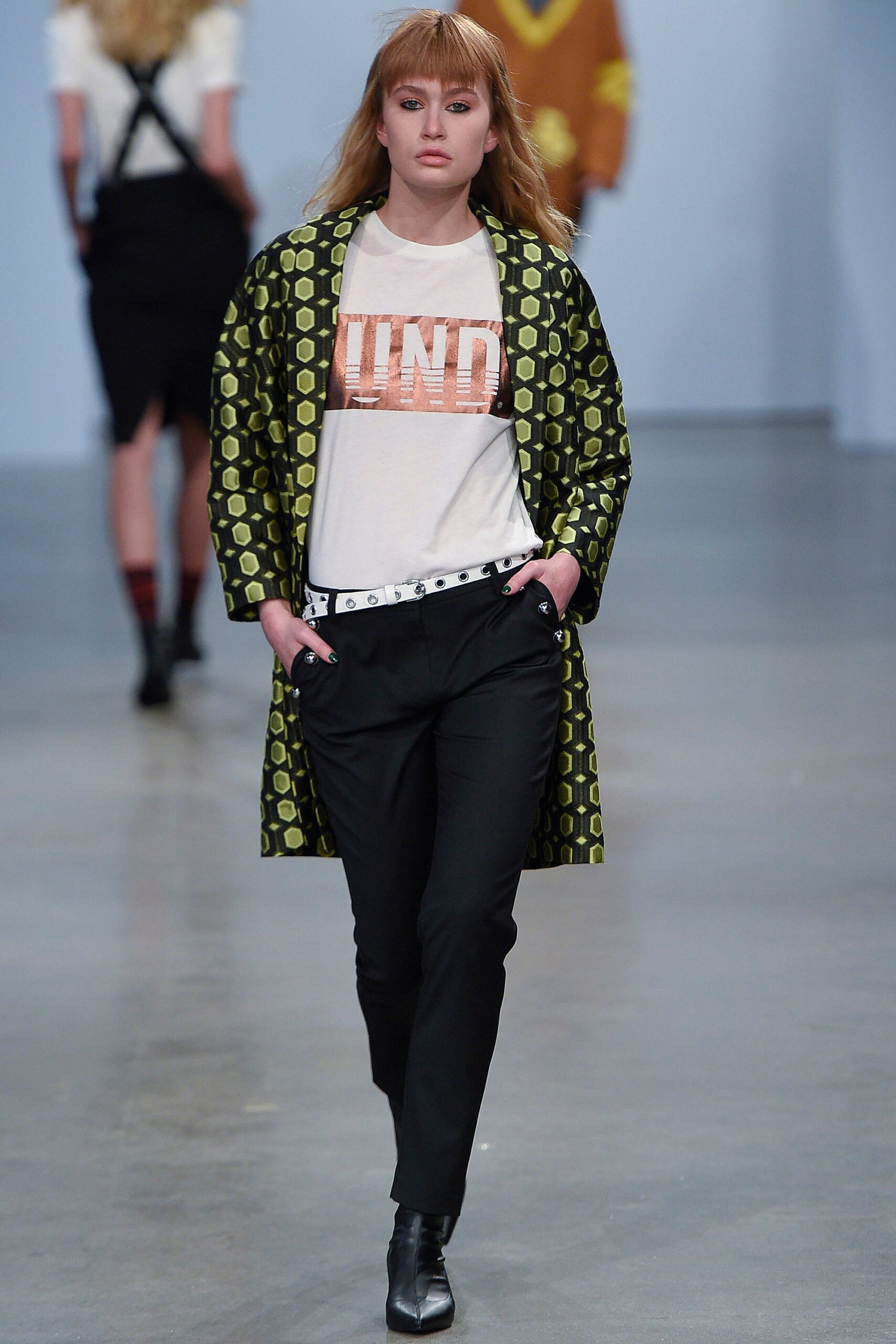 green printed coat with t-shirt