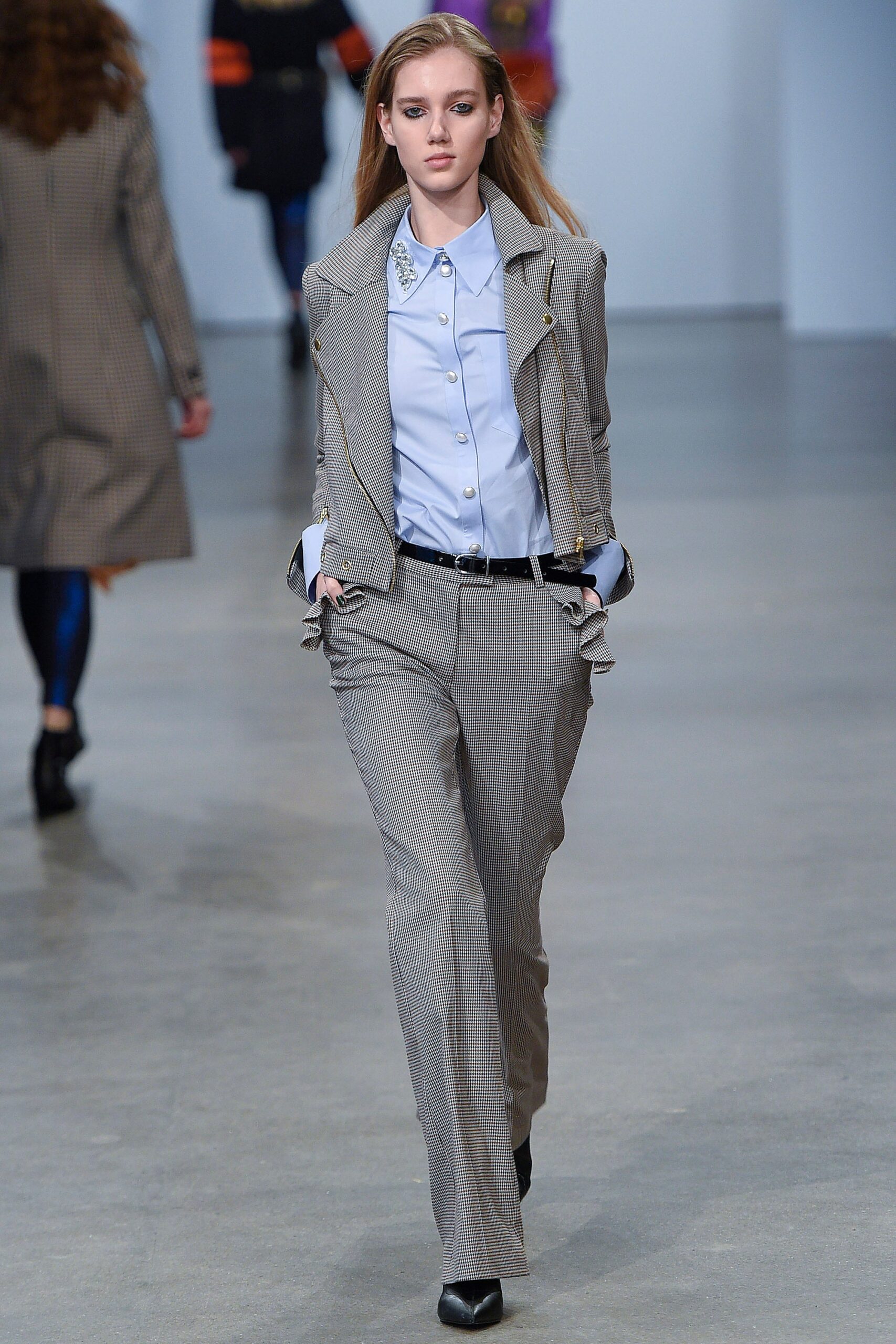 gray tailored blazer with blue shirt