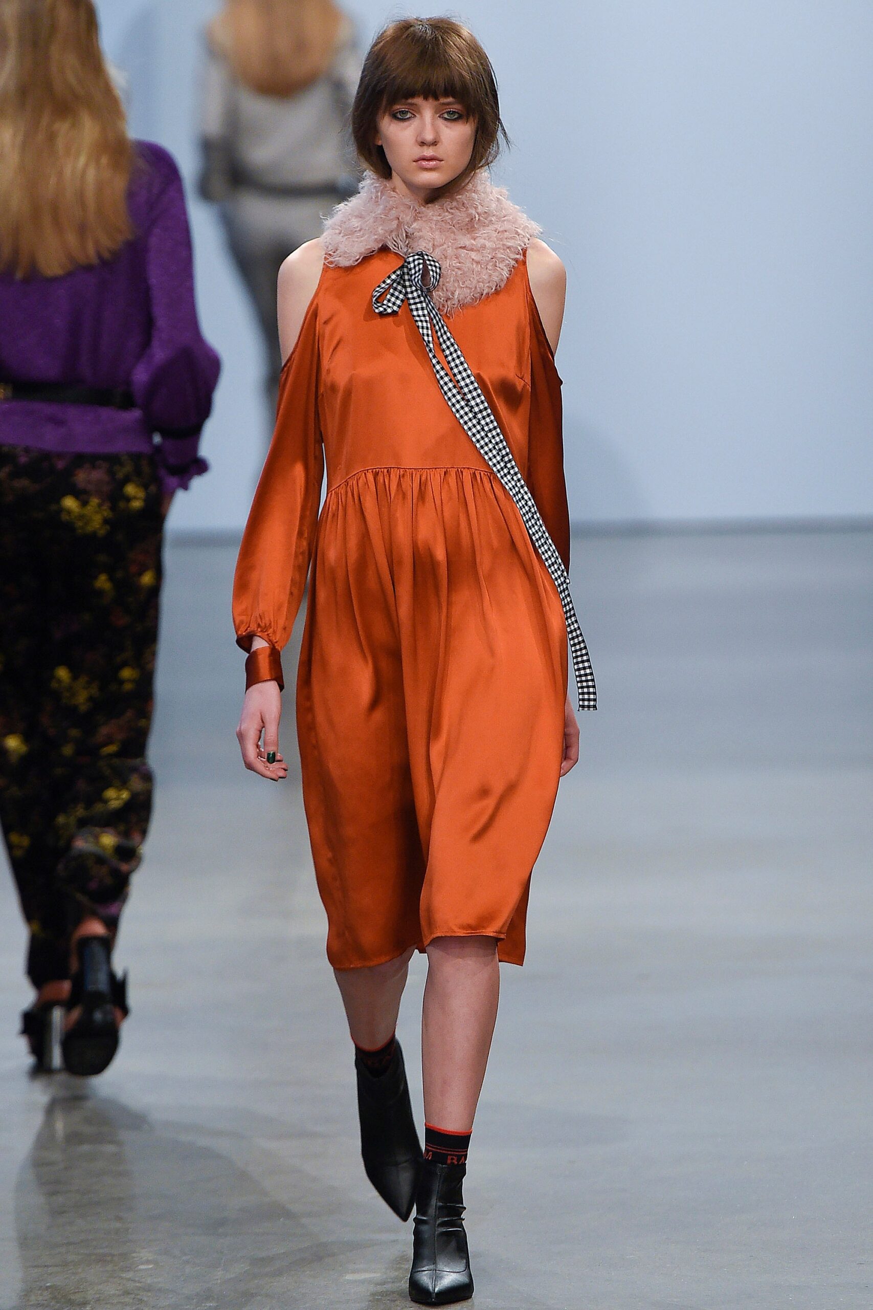 orange silk off-shoulder dress