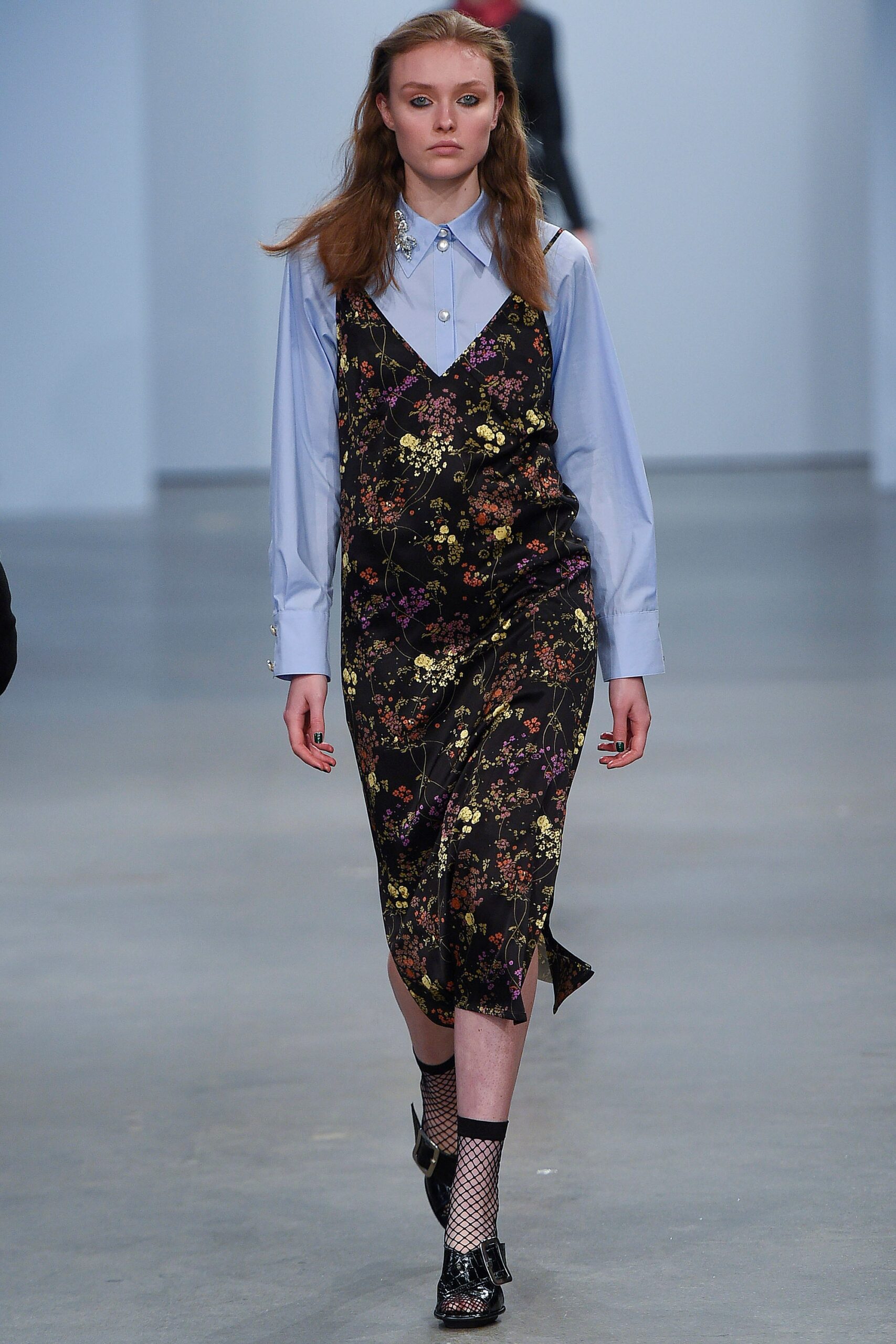 floral midi dress with blue shirt