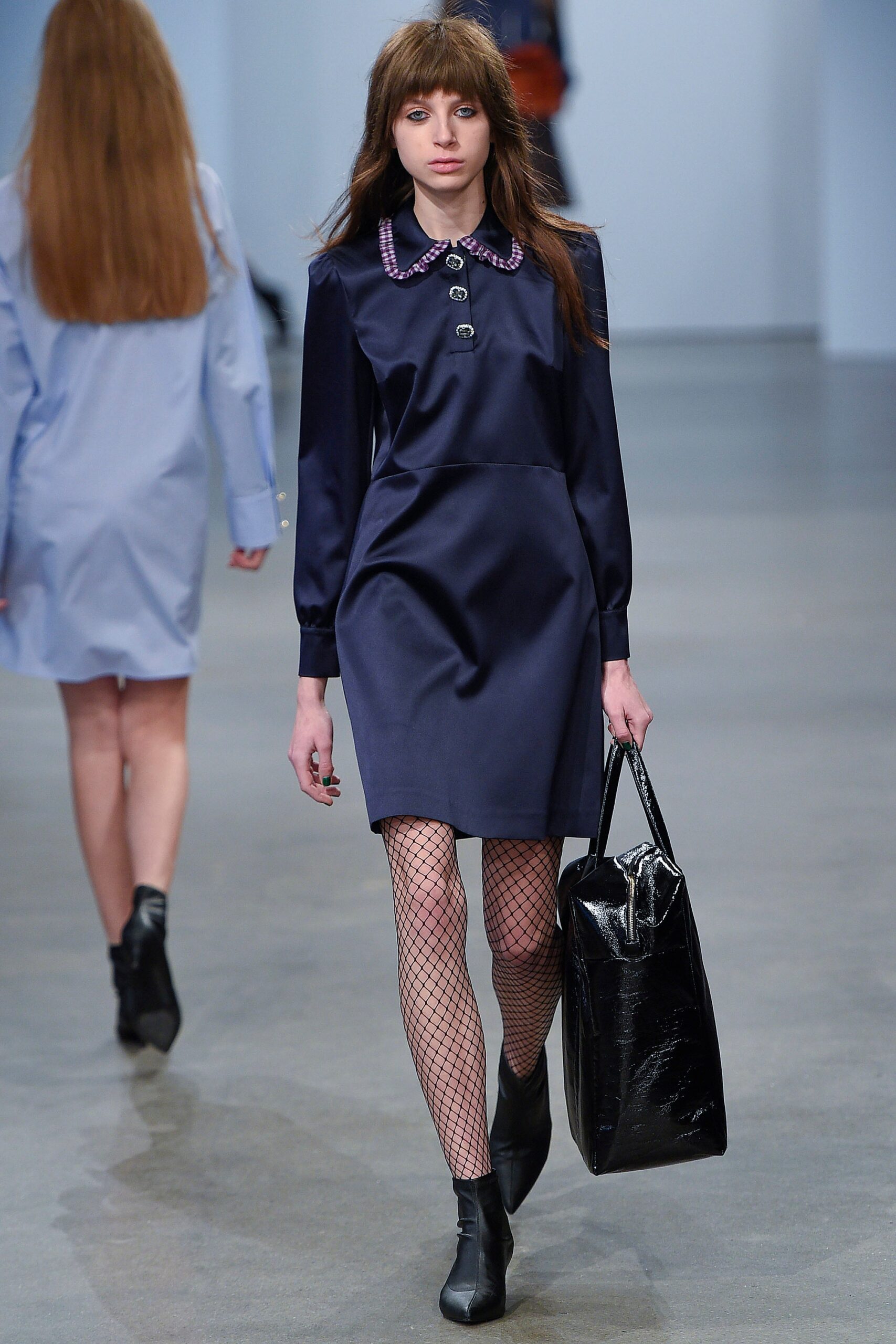 navy satin long-sleeve dress