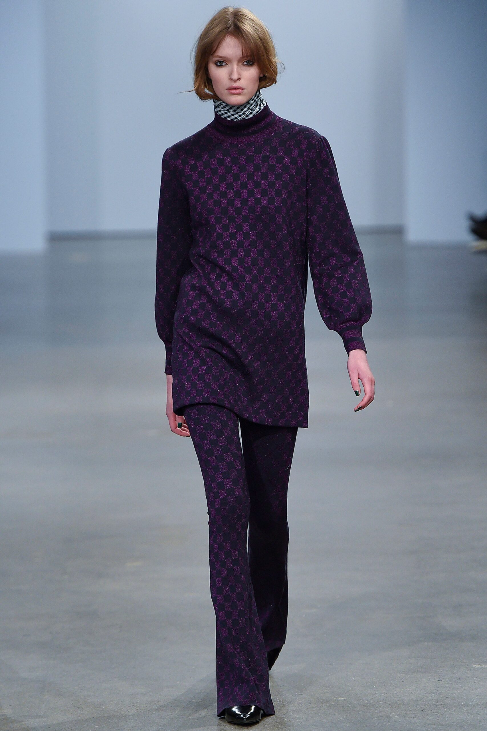 purple checked top and flared pants